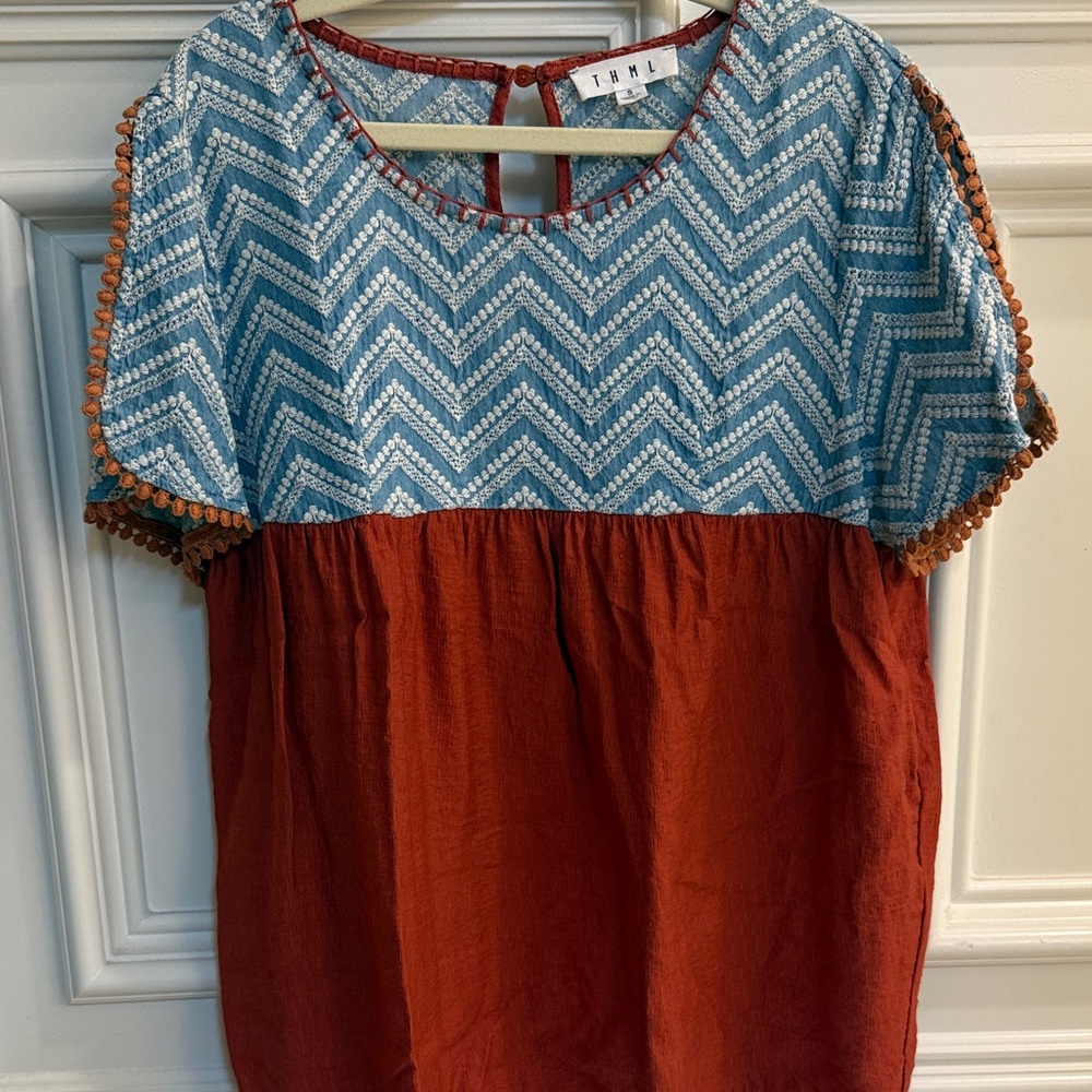 THML Blue Chevron Yoke Top with Rust Bodice